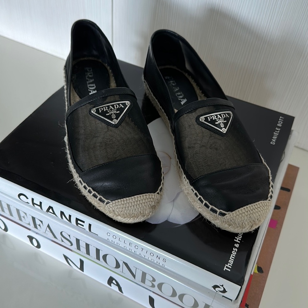 PRADA MESH AND NAPPA LEATHER ESPADRILLES